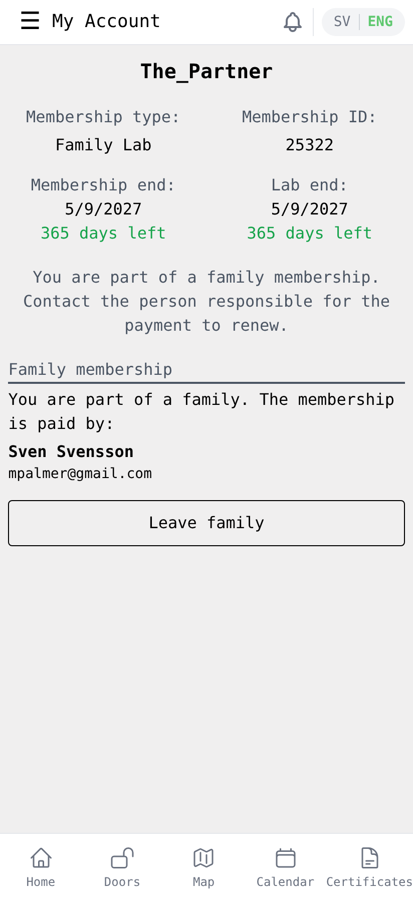 Family member's My Account page