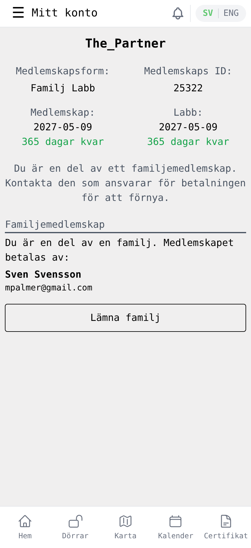 Familjemedlemmens Mitt konto-sida