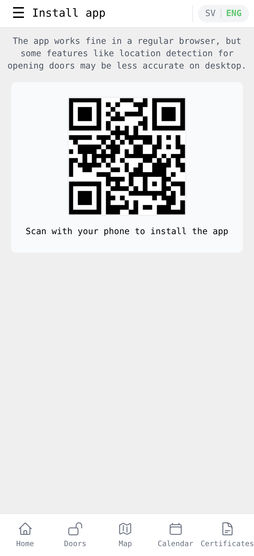 Install page on a desktop browser, showing a QR code