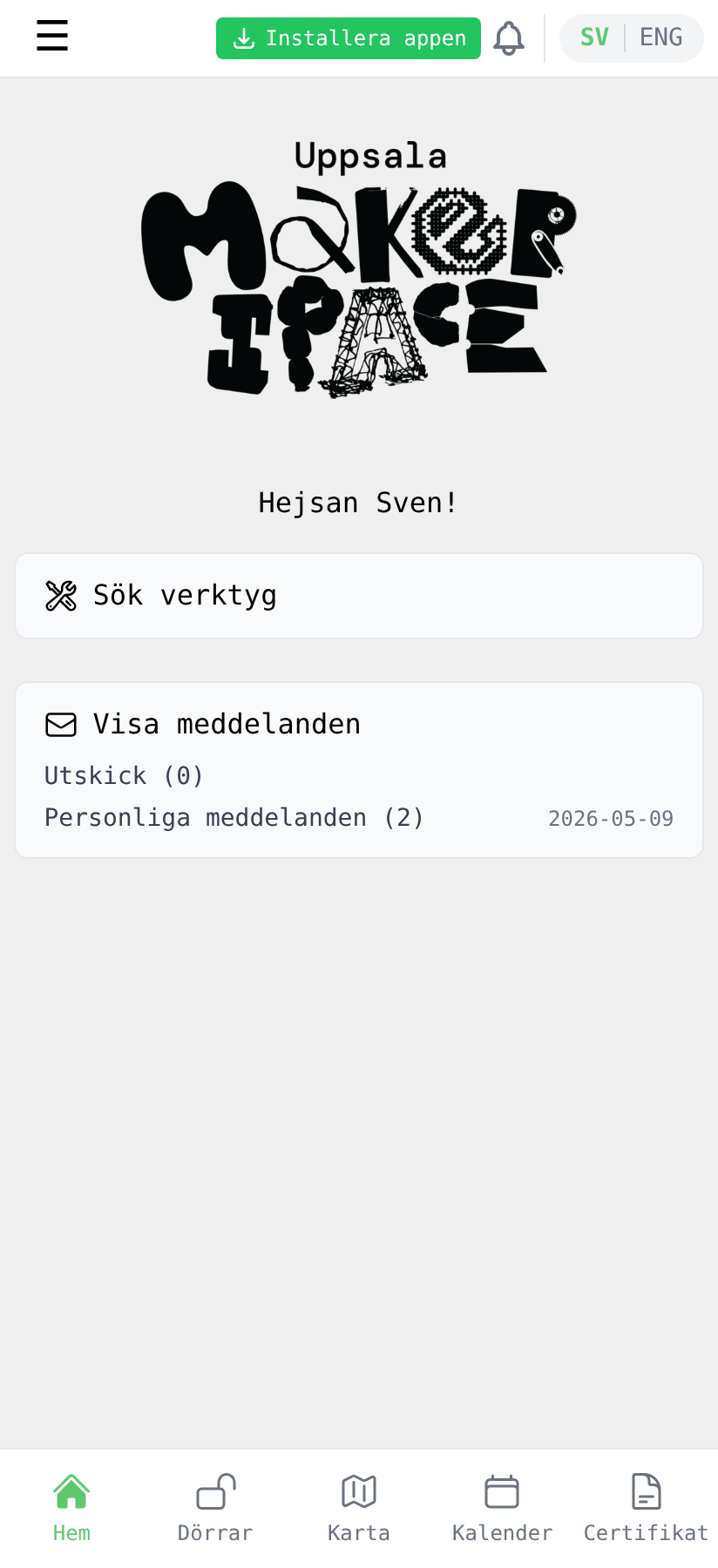 Hemsidan med den gröna "Installera appen"-knappen i toppraden