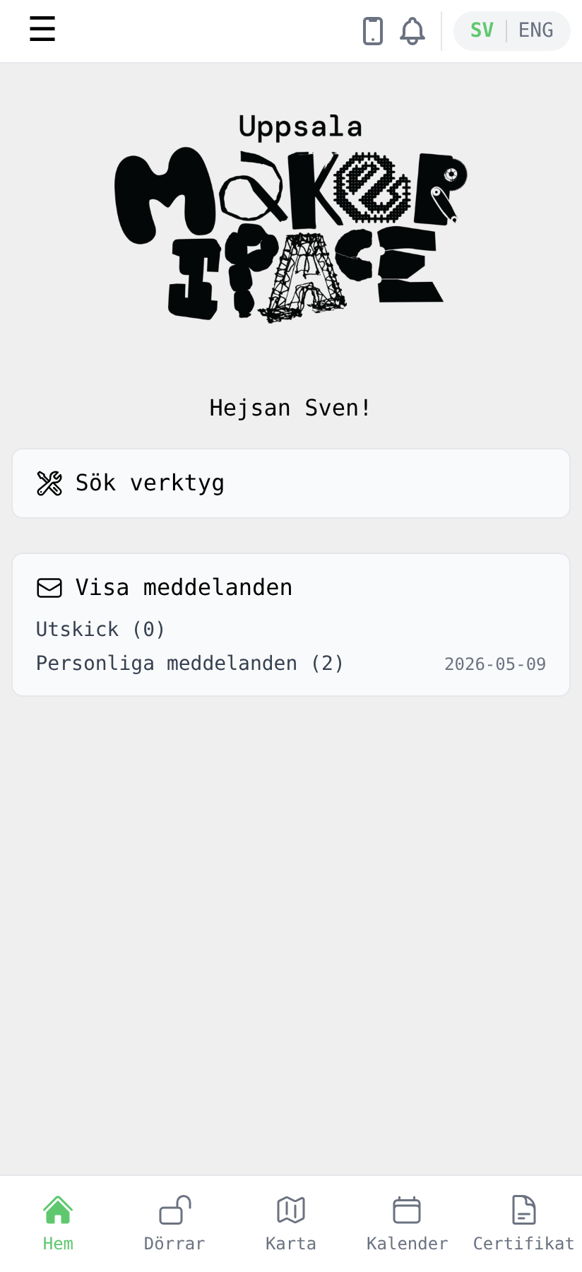 Hemsidan inifrån den installerade appen, med den telefonformade "installerad"-ikonen i toppraden