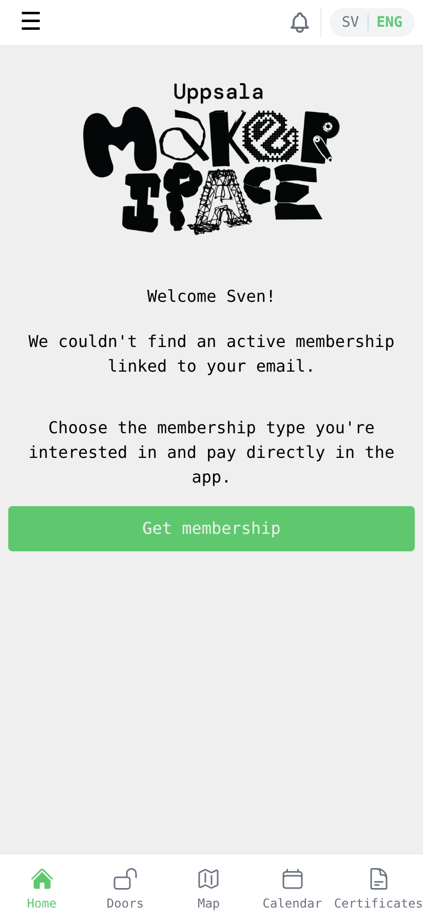 Home screen with no active membership