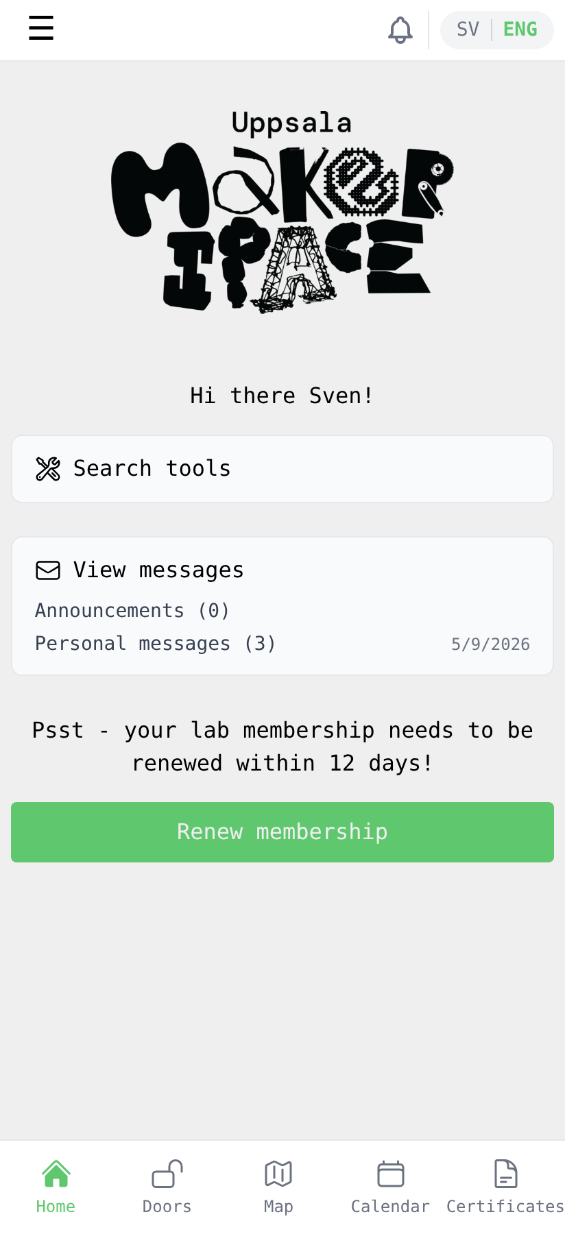 Home screen with a renewal reminder
