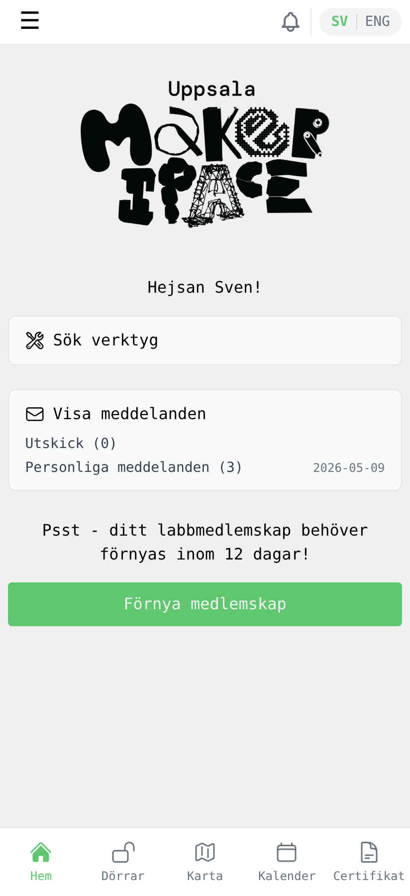 Hemsidan med påminnelse om förnyelse