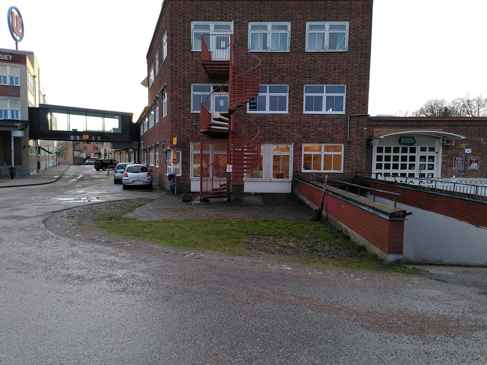 The side of the building, where you turn in